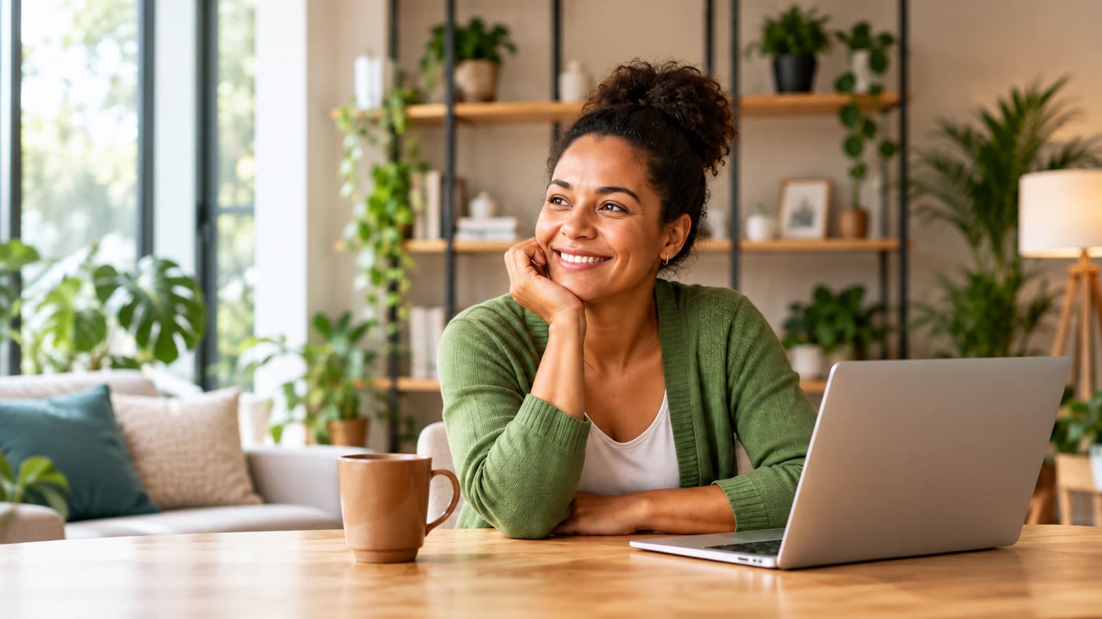 Mulher sorrindo em casa, sentada à mesa com um notebook e uma caneca de café